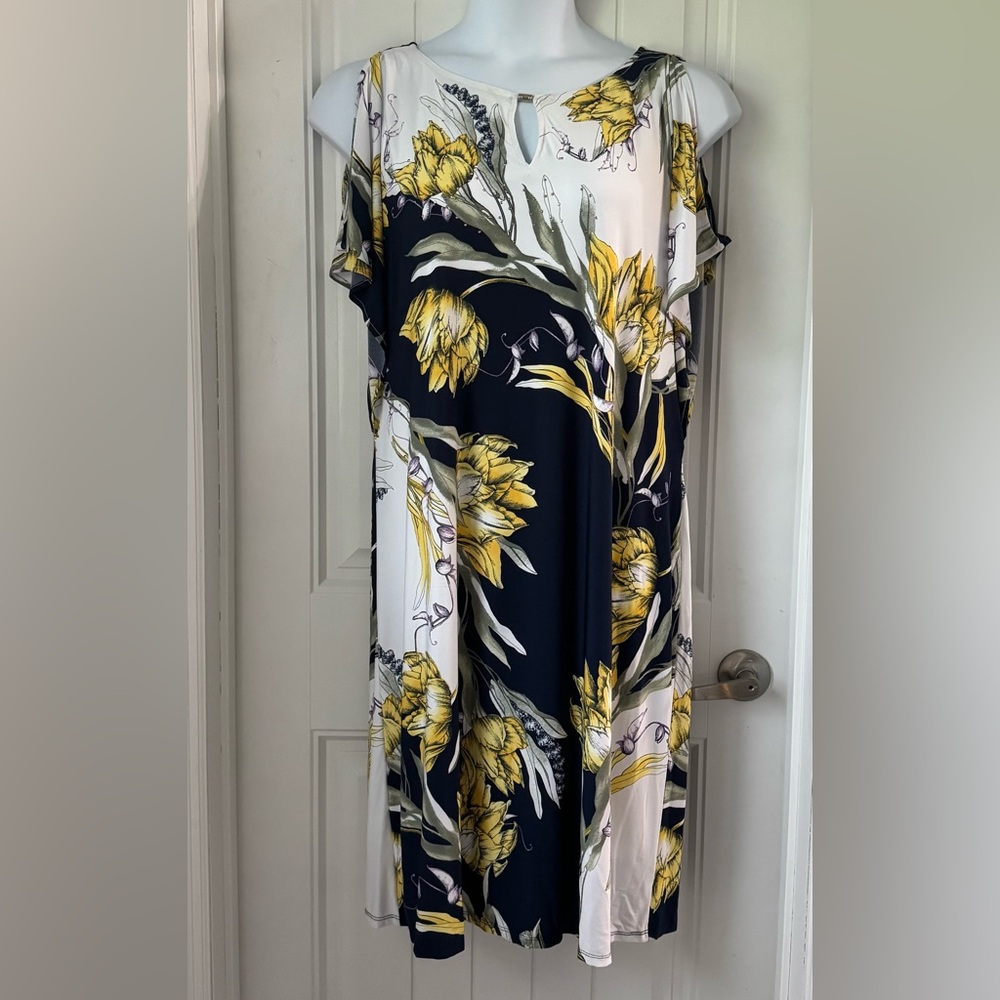 Floral Sleeveless Dress - Navy and Yellow